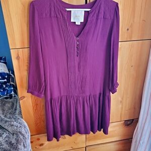 Anthropologie Maeve Dark Plum Pintucked Mini Dress size Medium